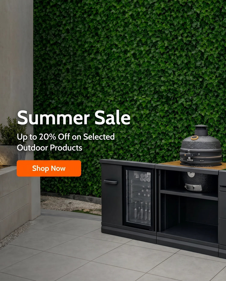 Black outdoor kitchen unit with a built-in refrigerator, sink, and countertop space.