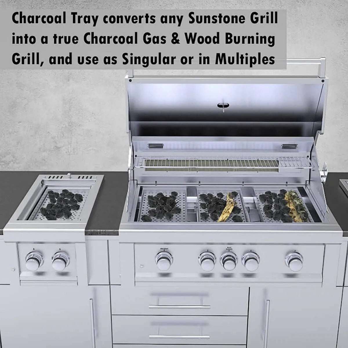 Stainless steel charcoal tray for sunstone 3-in-1 grill converts gas or wood models to charcoal grilling setup