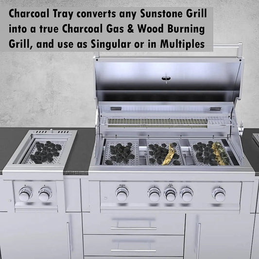 Stainless steel charcoal tray for sunstone 3-in-1 grill converts gas or wood models to charcoal grilling setup