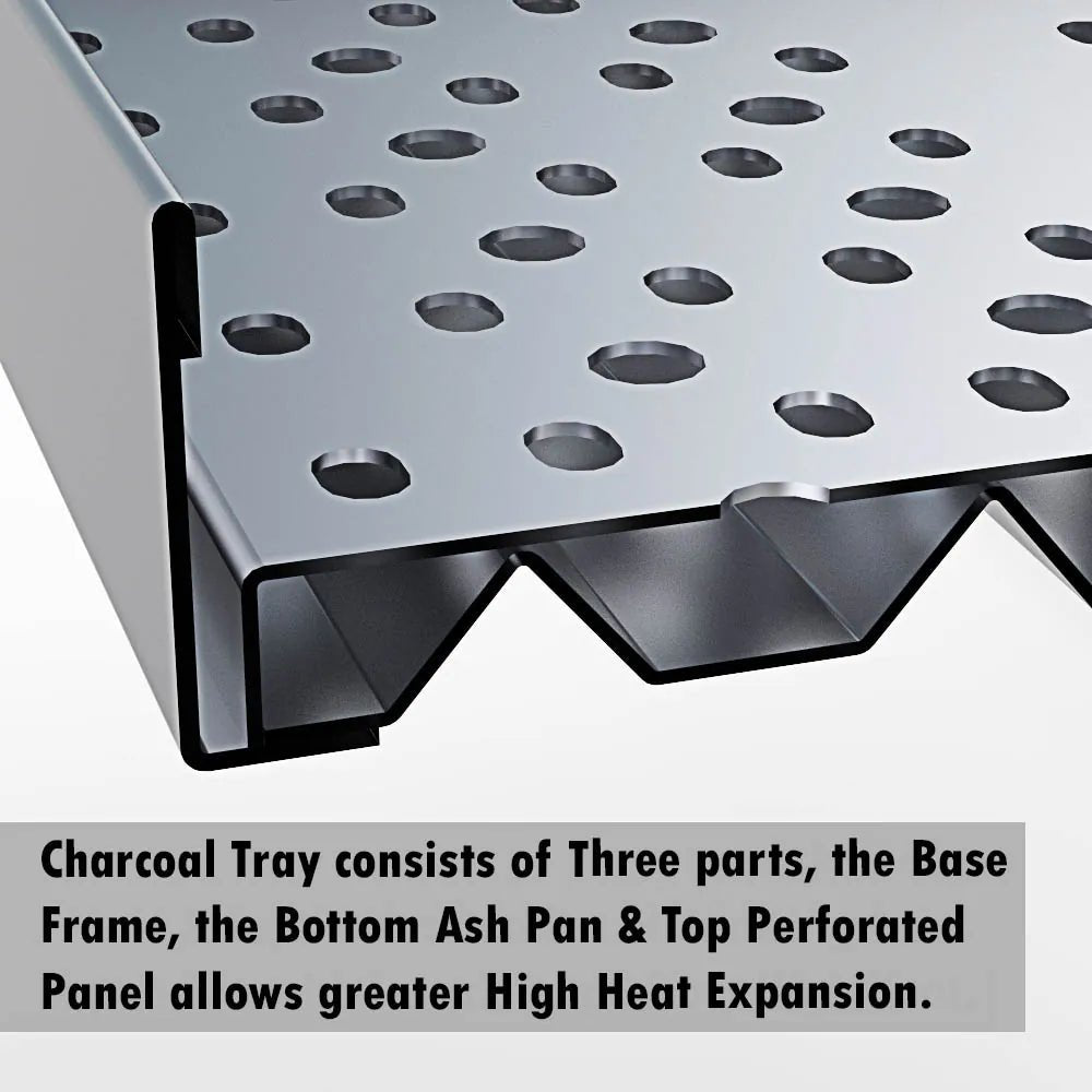 Silver perforated metal panel with wavy v-shaped base frame for sunstone 3-in-1 charcoal wood burning smoking tray