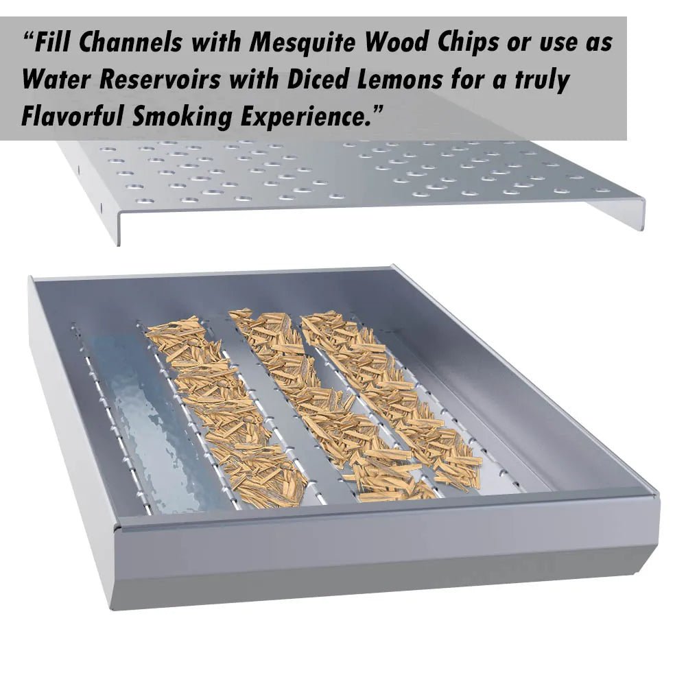 Silver metallic sunstone 3-in-1 charcoal wood burning smoking tray with three channels filled with mesquite wood chips