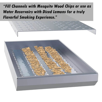 Silver metallic sunstone 3-in-1 charcoal wood burning smoking tray with three channels filled with mesquite wood chips
