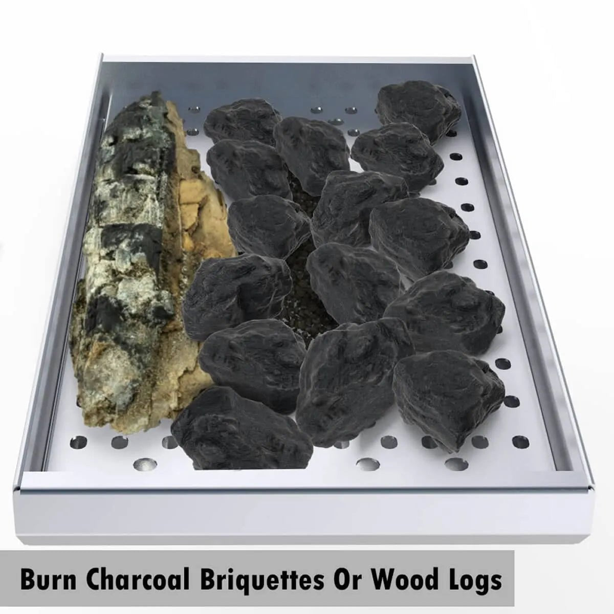 Silver metal perforated tray holding black charcoal briquettes and a partially charred wood log for Sunstone 3-in-1 smoking tray
