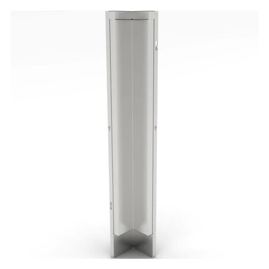 A sleek modern white plastic sunstone 3x3 90 degree spacer panel with a minimalist vertical display stand design