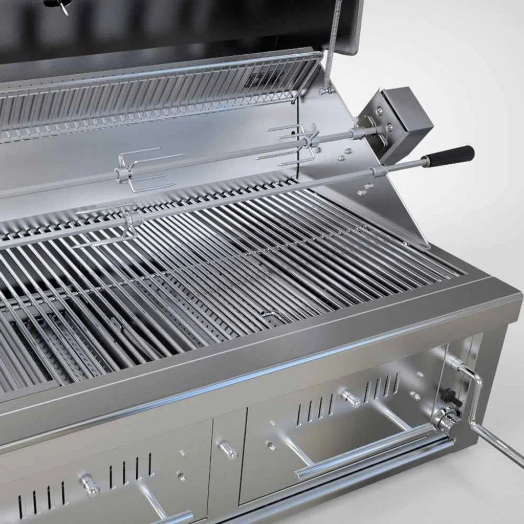 Stainless steel sunstone 42 inch charcoal and wood hybrid dual zone grill with rotisserie and multiple racks
