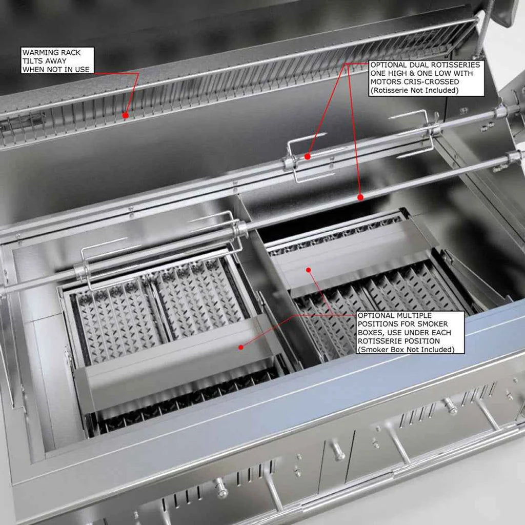Stainless steel interior of sunstone 42 inch charcoal and wood hybrid dual zone grill with dual rotisserie racks and smoker positions