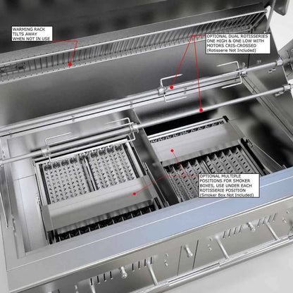 Stainless steel interior of sunstone 42 inch charcoal and wood hybrid dual zone grill with dual rotisserie racks and smoker positions