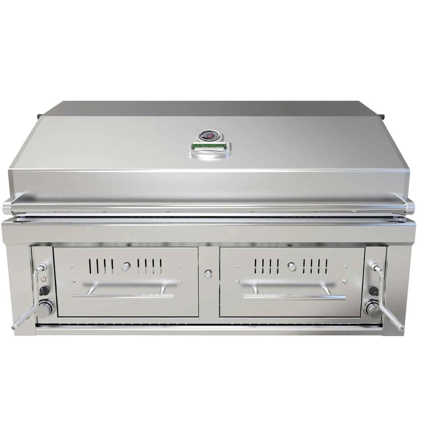 Sunstone 42 inch stainless steel built-in charcoal and wood hybrid dual zone grill with sleek design and two side storage drawers