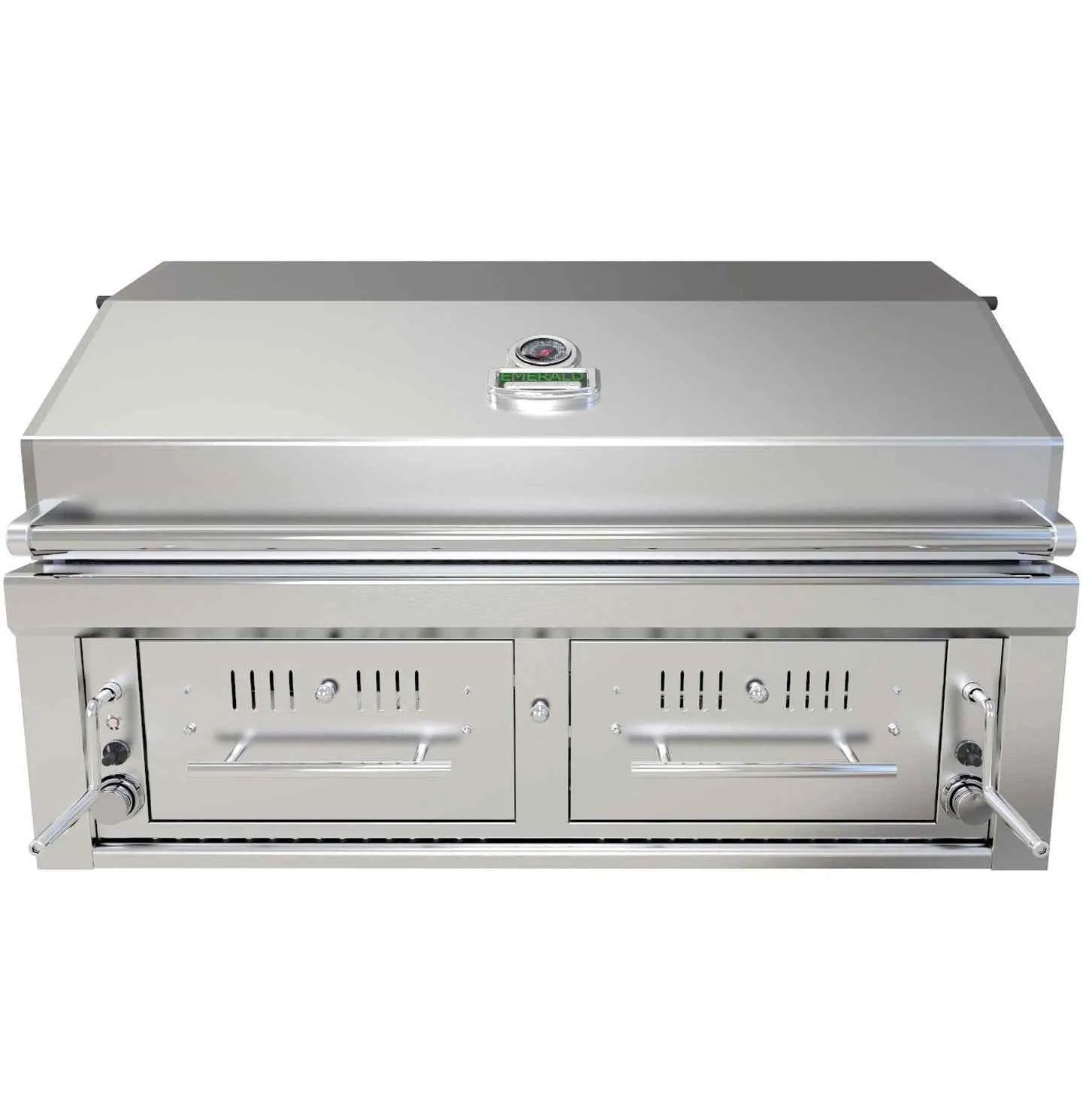 Sunstone 42 inch stainless steel built-in charcoal and wood hybrid dual zone grill with sleek design and two side storage drawers