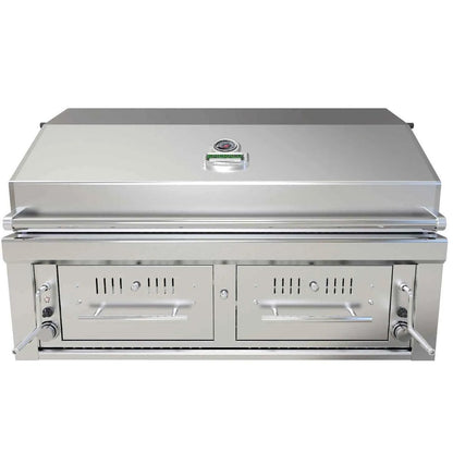 Sunstone 42 inch stainless steel built-in charcoal and wood hybrid dual zone grill with sleek design and two side storage drawers