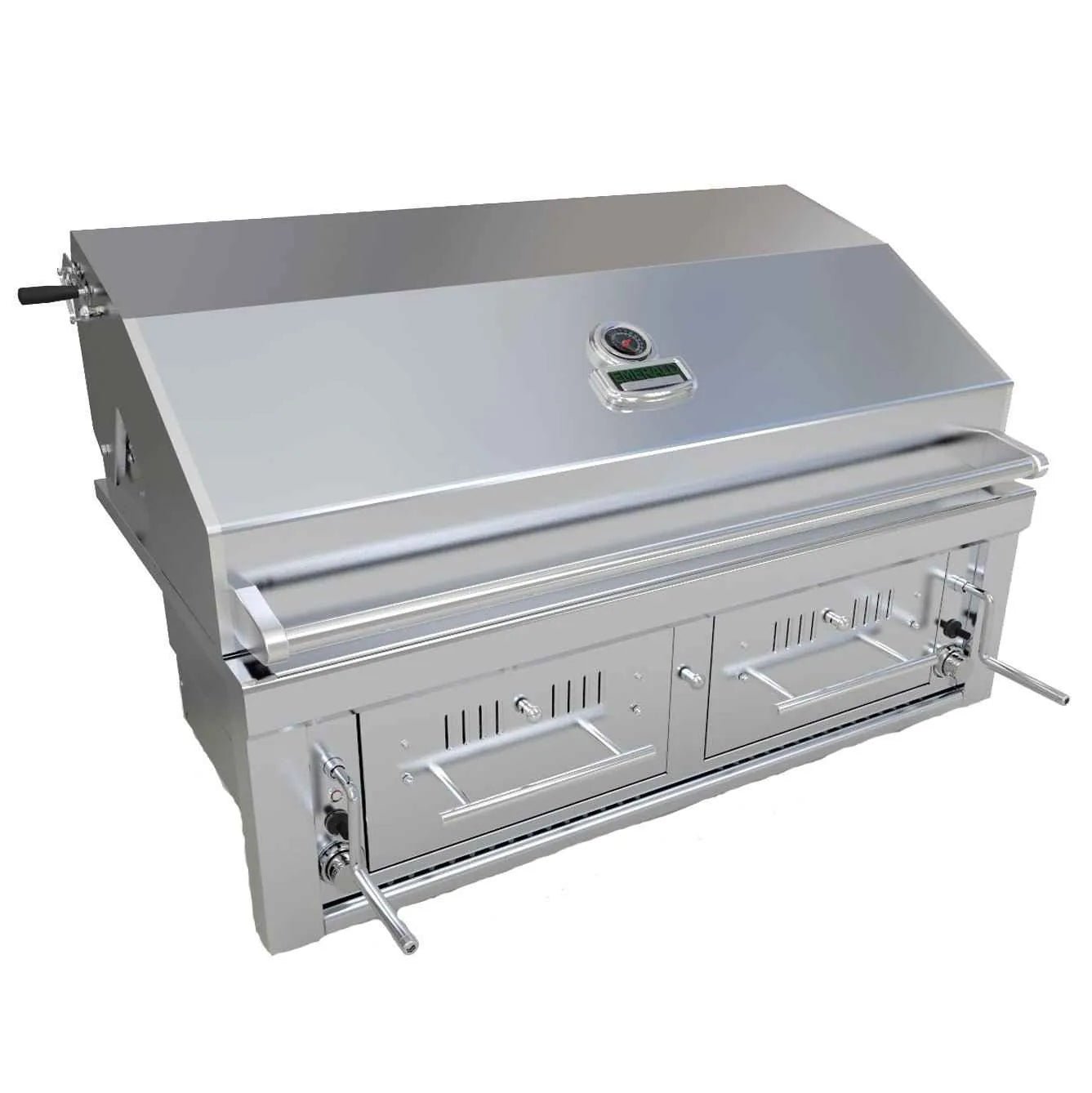 Sunstone 42 inch stainless steel charcoal and wood hybrid grill with sleek modern design and two side storage drawers