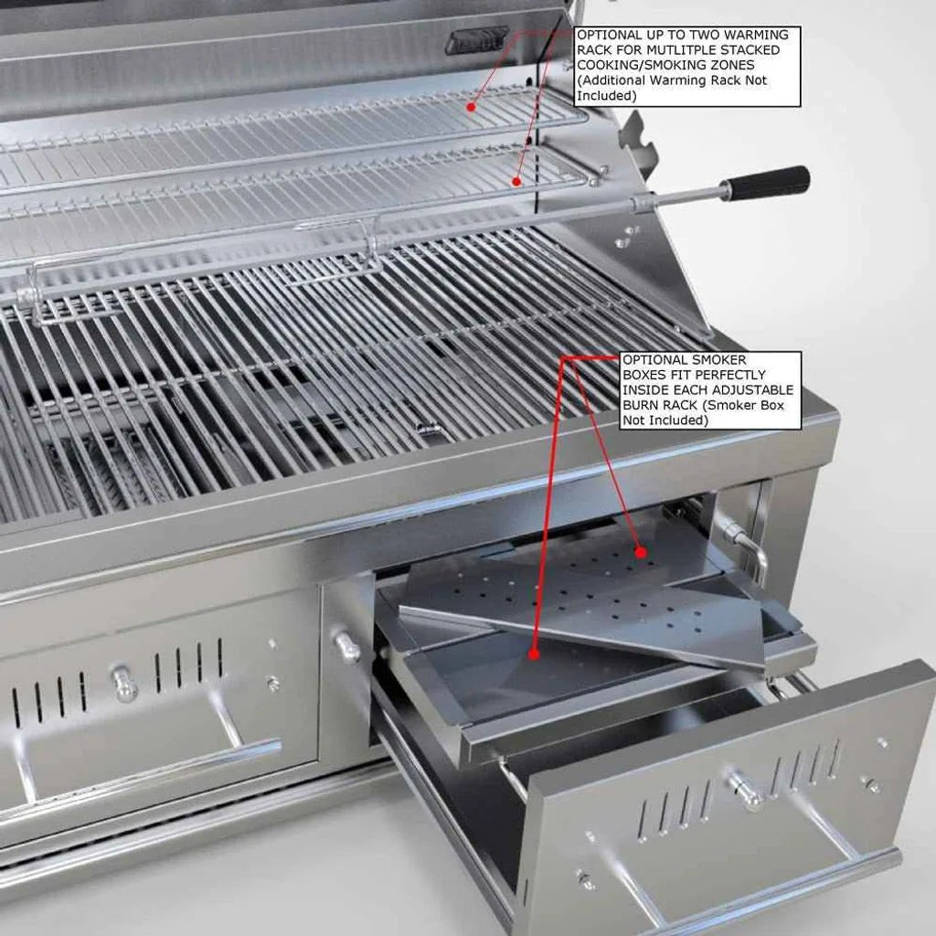 Stainless steel Sunstone 42 inch charcoal and wood hybrid dual zone grill with multiple cooking zones and adjustable smoker boxes