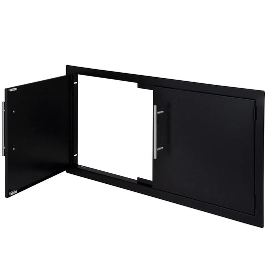 Sunstone black series double door 42 inch black metal cabinet with one door open and silver handles visible