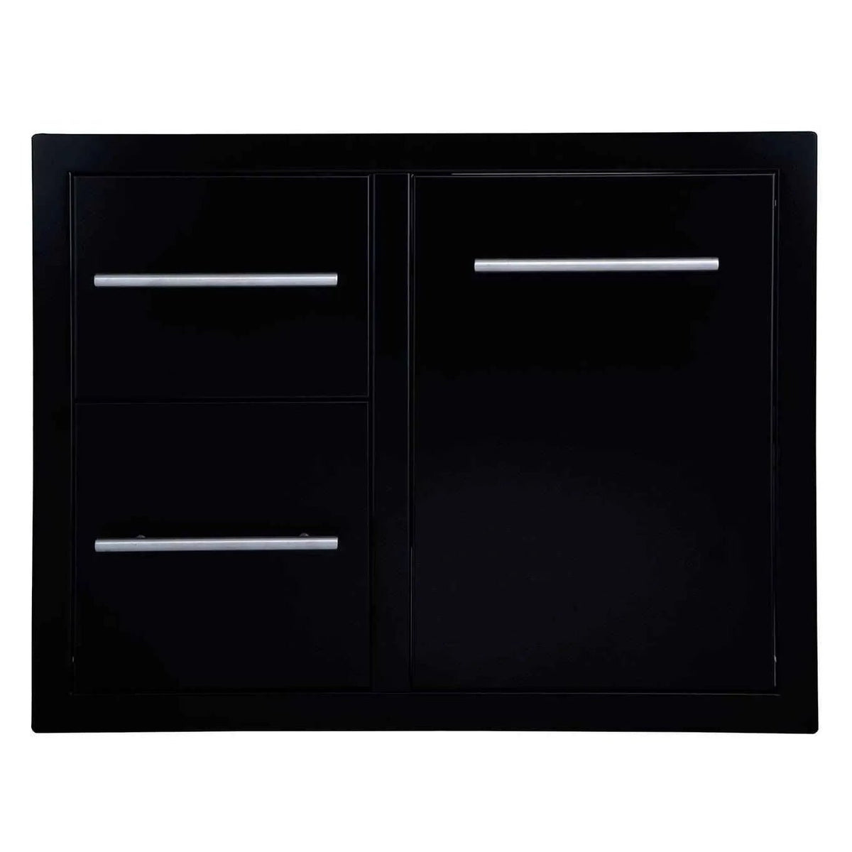 Sunstone black series double drawer trash combo 30 inch black glossy cabinet with two drawers and one door with silver handles