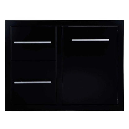 Sunstone black series double drawer trash combo 30 inch black glossy cabinet with two drawers and one door with silver handles