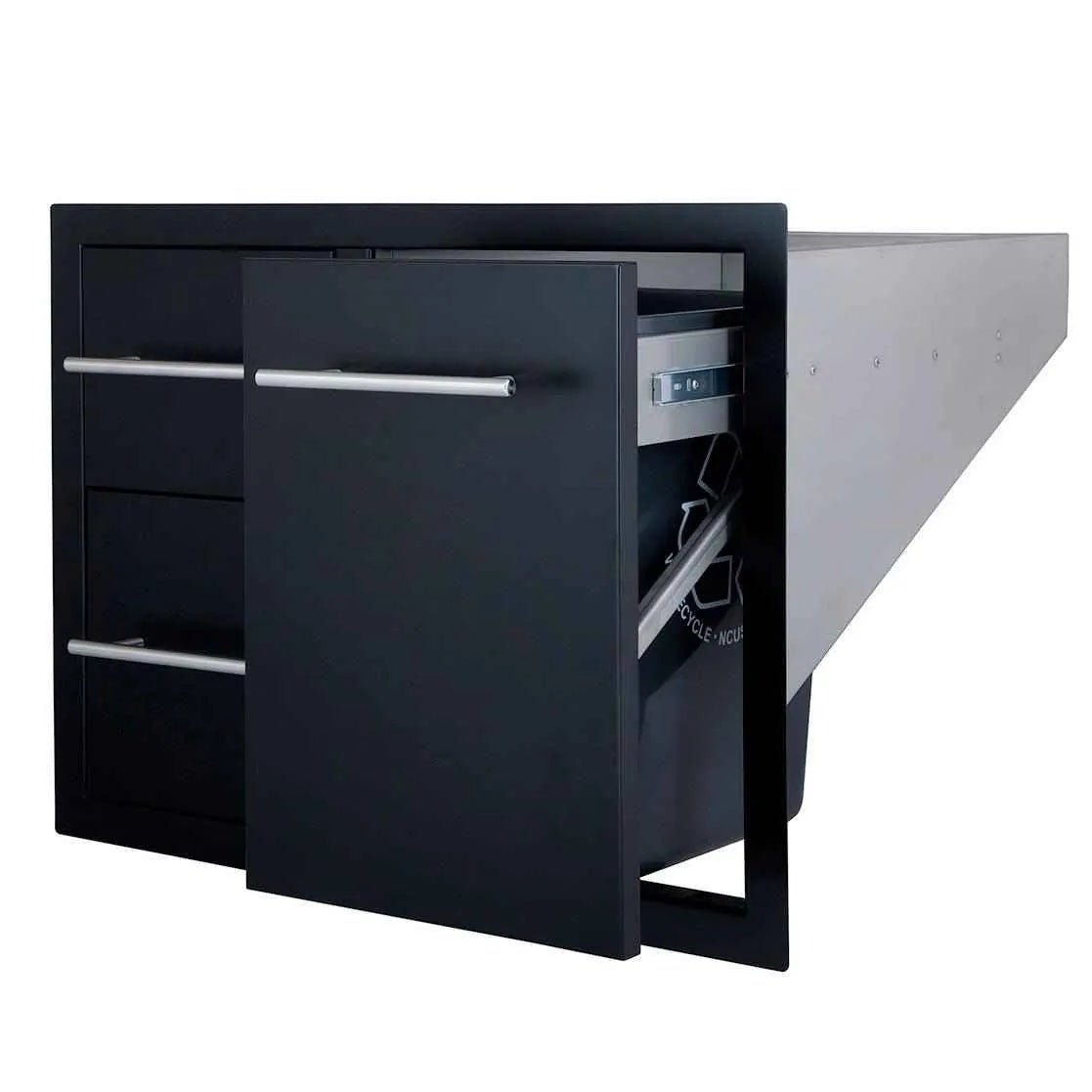 Sunstone black series double drawer trash combo 30 black stainless steel built-in trash can with sliding door and silver handle
