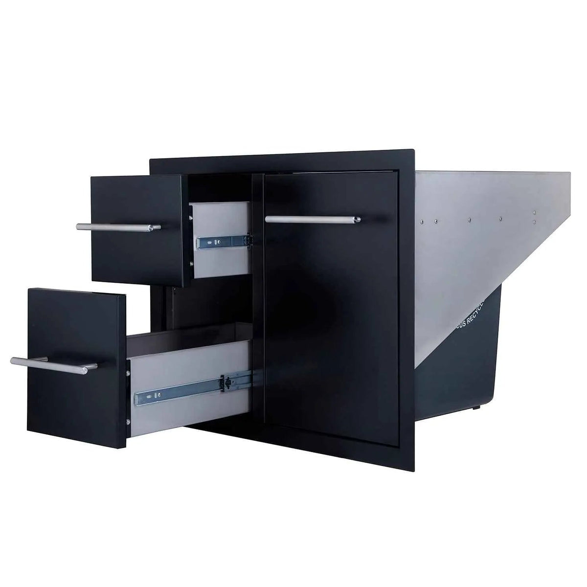 Sunstone black series double drawer trash combo 30 inch metal safe with silver handles and visible internal drawers