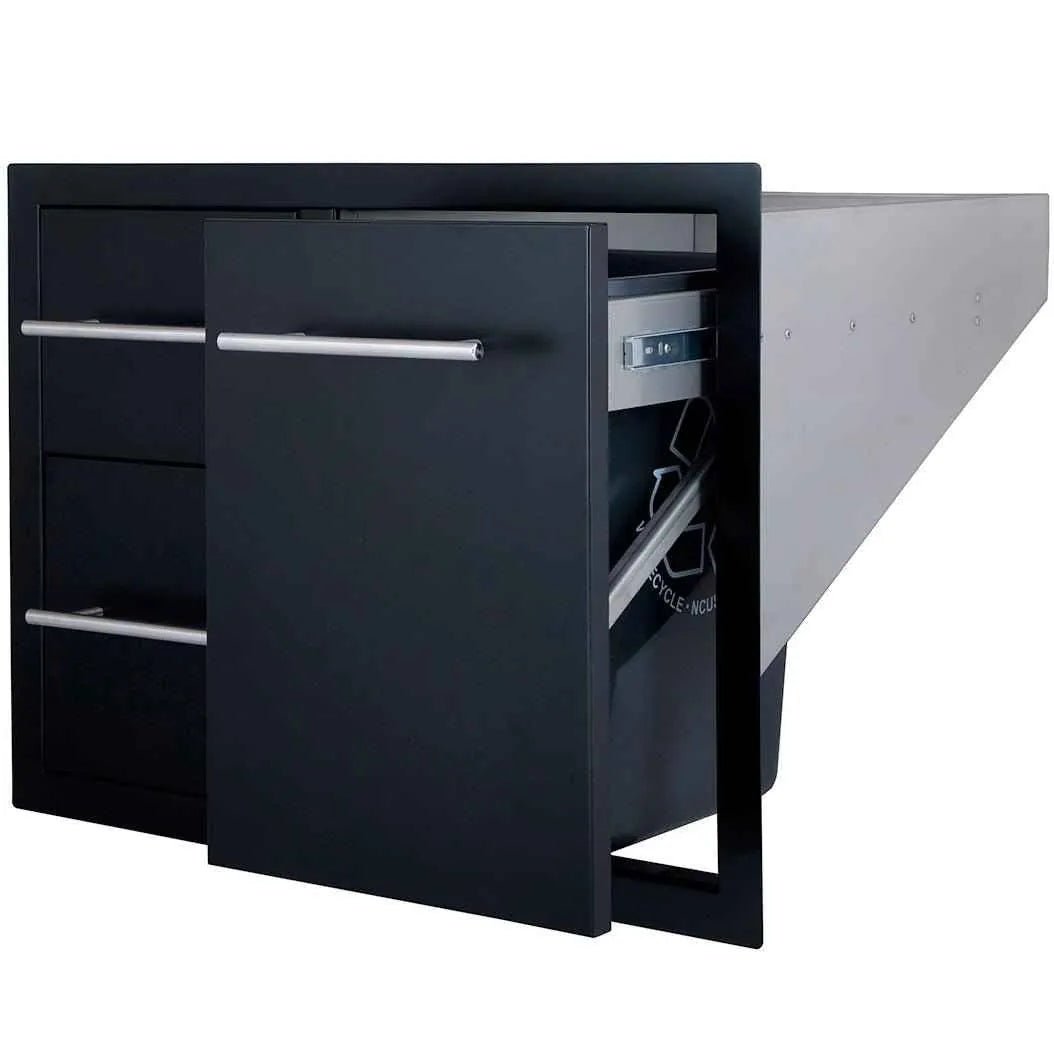 Sunstone black series double drawer trash combo 36 with sleek silver handles and built-in digital lock in modern kitchen