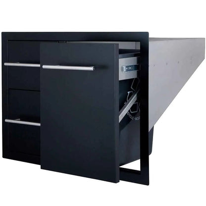 Sunstone black series double drawer trash combo 36 with sleek silver handles and built-in digital lock in modern kitchen