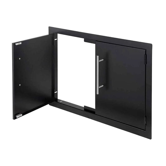 Sunstone Black Series black metal cabinet with double vertical doors one open one closed silver handle on right door