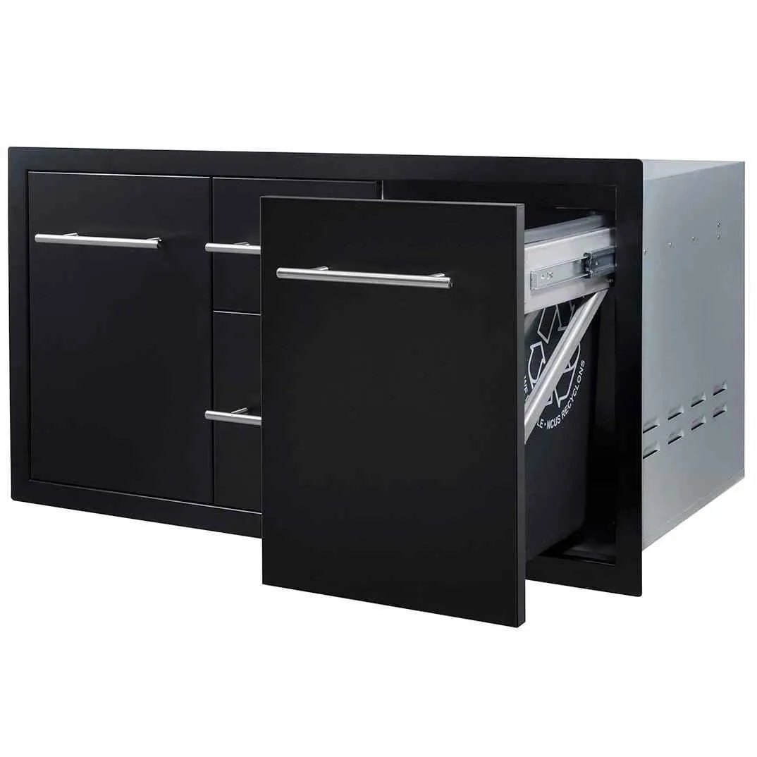 Sunstone black series built-in kitchen trash can with black stainless steel and silver handles multi storage combo