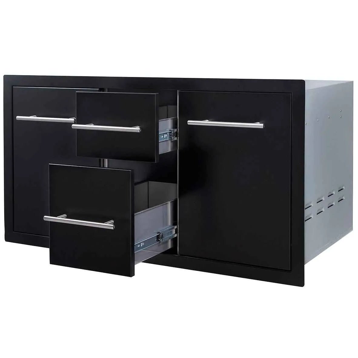 Sunstone black series metal file cabinet with three drawers, silver handles, and sliding mechanism for multi storage