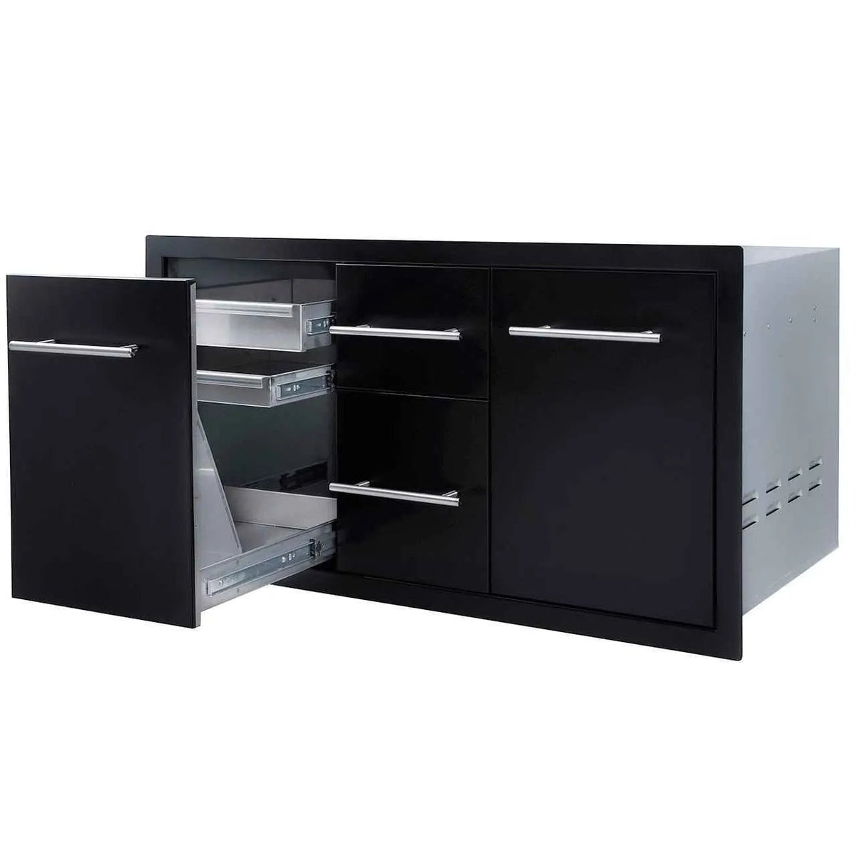 Sunstone Black Series multi storage combo in black stainless steel with silver handles for outdoor kitchen use