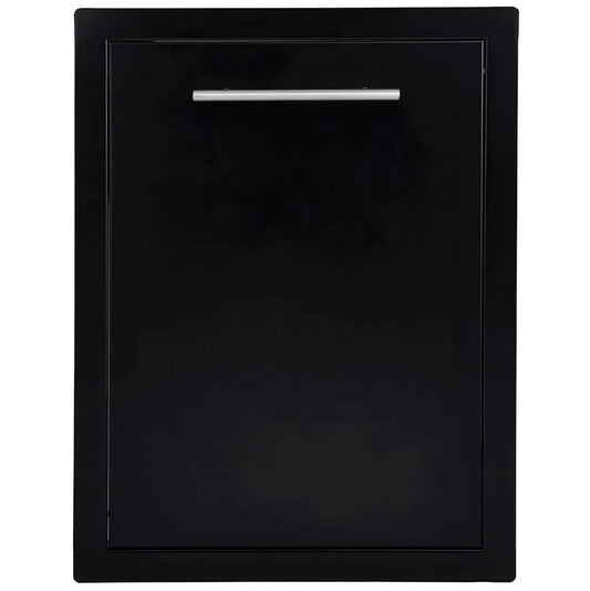 Sunstone black series trash drawer with a black glossy cabinet door and sleek silver handle for modern kitchens