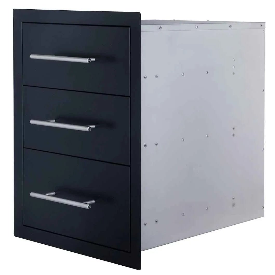 Sunstone black series triple access drawer b-td24-bk is a black three-drawer metal cabinet with silver handles and white back panel
