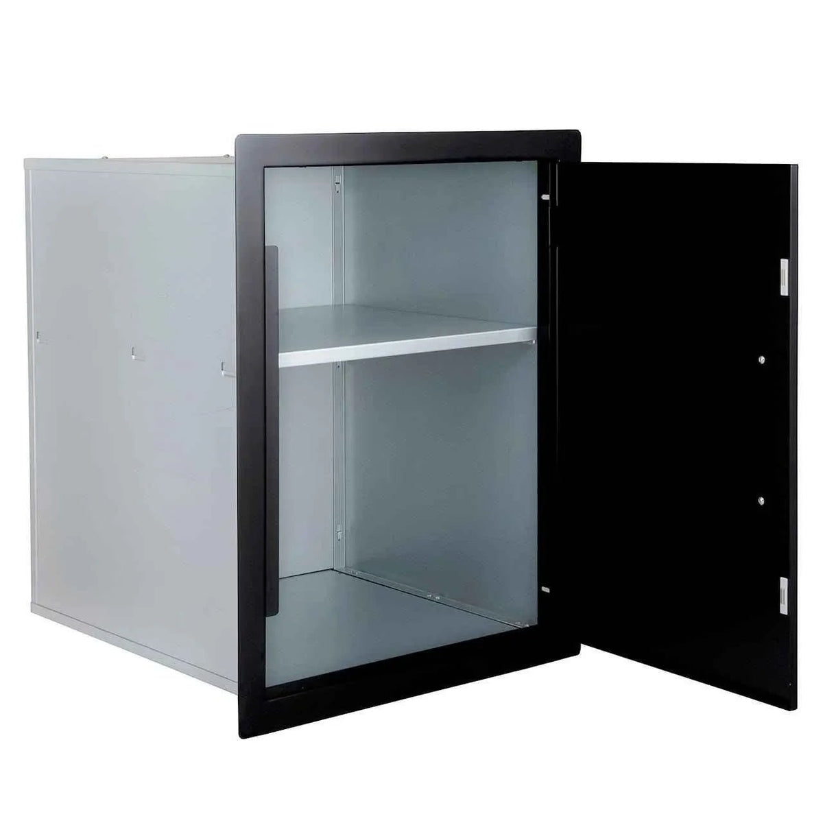 Sunstone black series vertical dry storage cabinet with black frame glass door and silver interior shelves