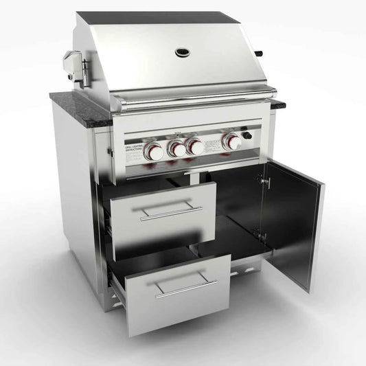 Sunstone stainless steel gas grill cabinet with black granite countertop white control knobs and two drawers