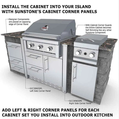 Sunstone stainless steel outdoor kitchen cabinet set with 3 burner gas grill and stone-look corner panels