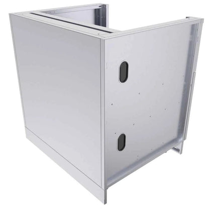 Silver metallic sunstone cabinet for 30 inch hybrid charcoal grill with sleek minimalist design and oval cutouts on side panel