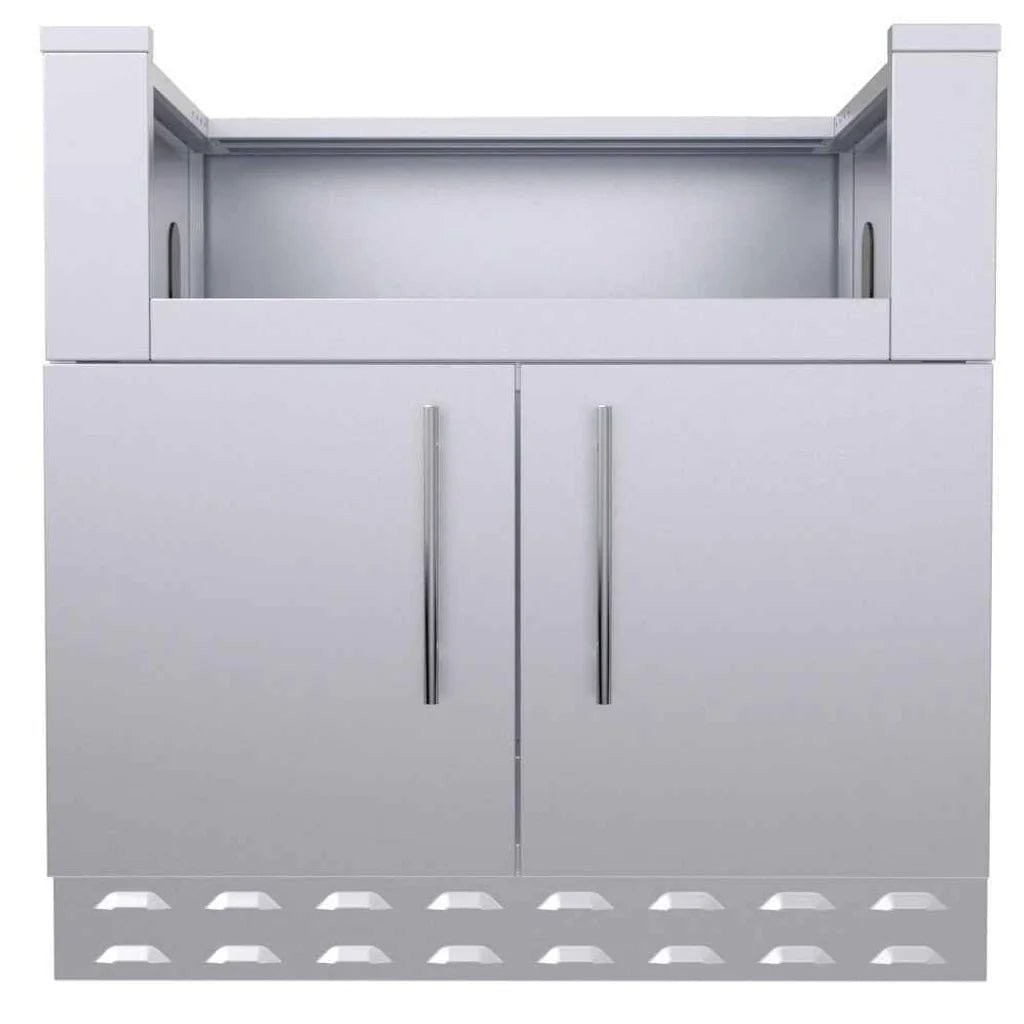 Silver stainless steel outdoor kitchen sink unit with integrated cabinet doors and vented base for sunstone grill