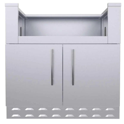 Silver stainless steel outdoor kitchen sink unit with integrated cabinet doors and vented base for sunstone grill
