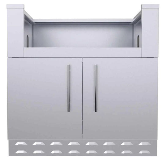 Silver stainless steel outdoor kitchen sink unit with integrated cabinet doors and vented base for sunstone grill