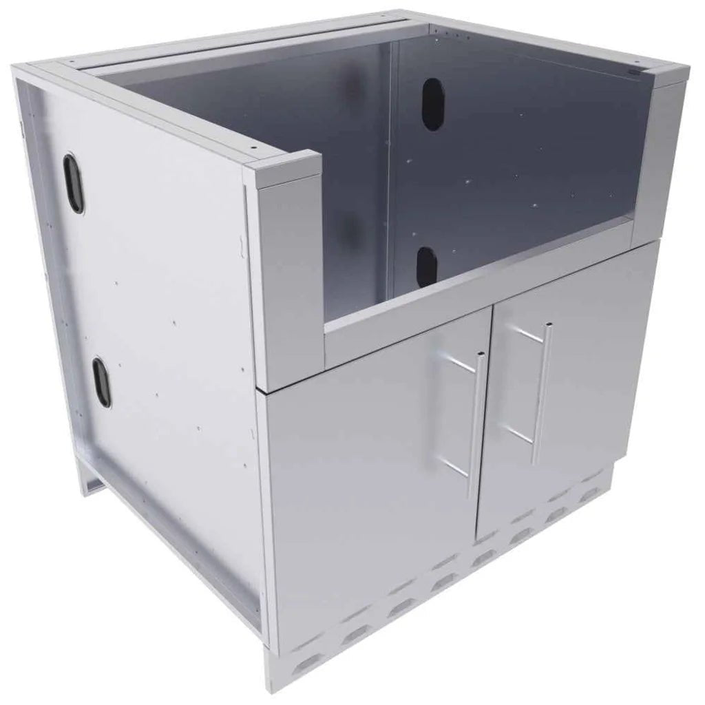 Silver stainless steel outdoor grill cabinet with two doors and built-in cooking chamber for 30 inch hybrid charcoal grill