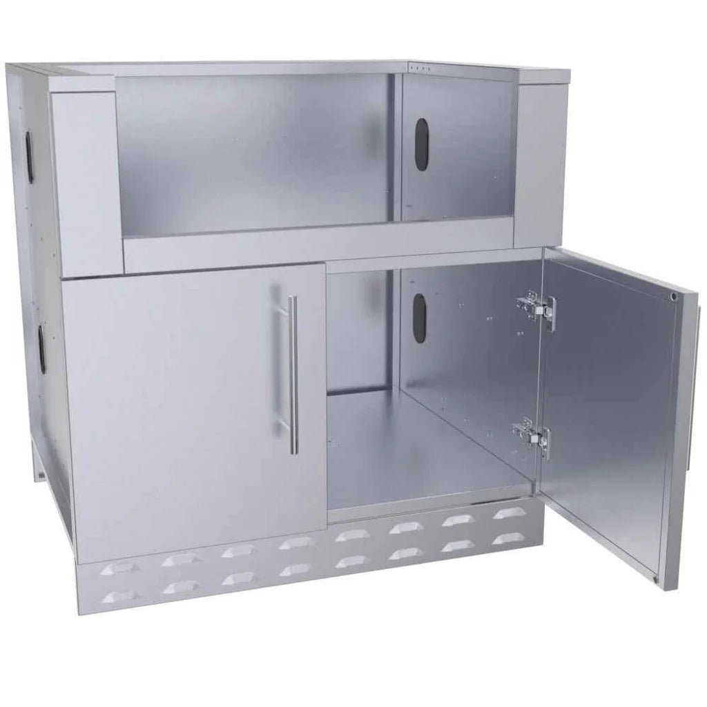 Silver stainless steel Sunstone outdoor storage cabinet with two doors, one open showing interior shelves and perforated base
