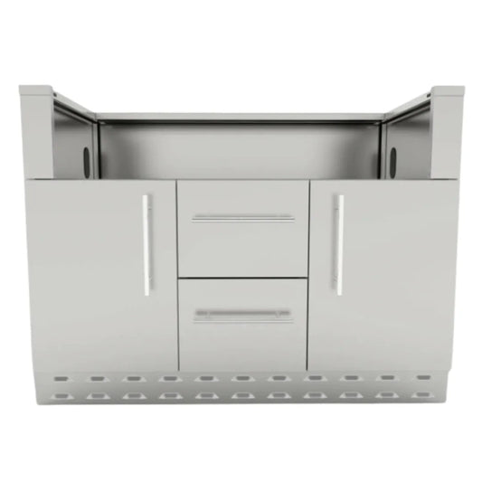 Sunstone stainless steel outdoor kitchen island with two side cabinets two center drawers and built-in sink for hybrid charcoal use