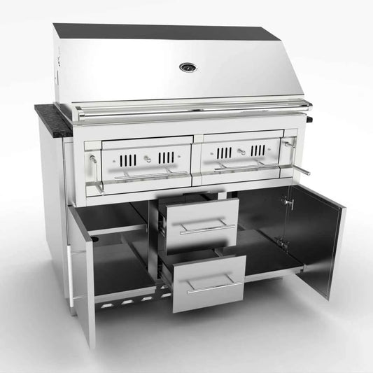 Sunstone cabinet for 42 inch hybrid charcoal grill with stainless steel body and black granite countertop outdoors