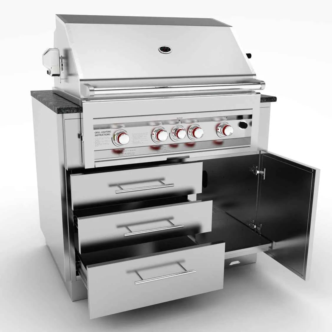 Sunstone cabinet for 4b gas grills featuring a stainless steel gas grill with modern design and red accent knobs