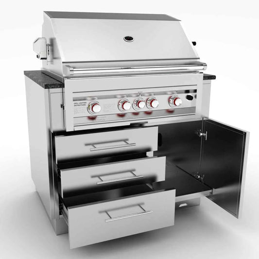 Sunstone cabinet for 4b gas grills featuring a stainless steel gas grill with modern design and red accent knobs