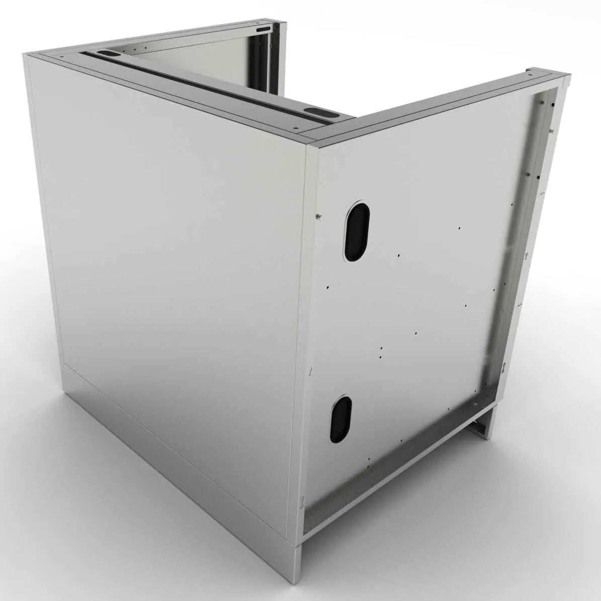 Sunstone cabinet for 4B gas grills in silver metallic with sleek rectangular design and two oval cutouts on side panel