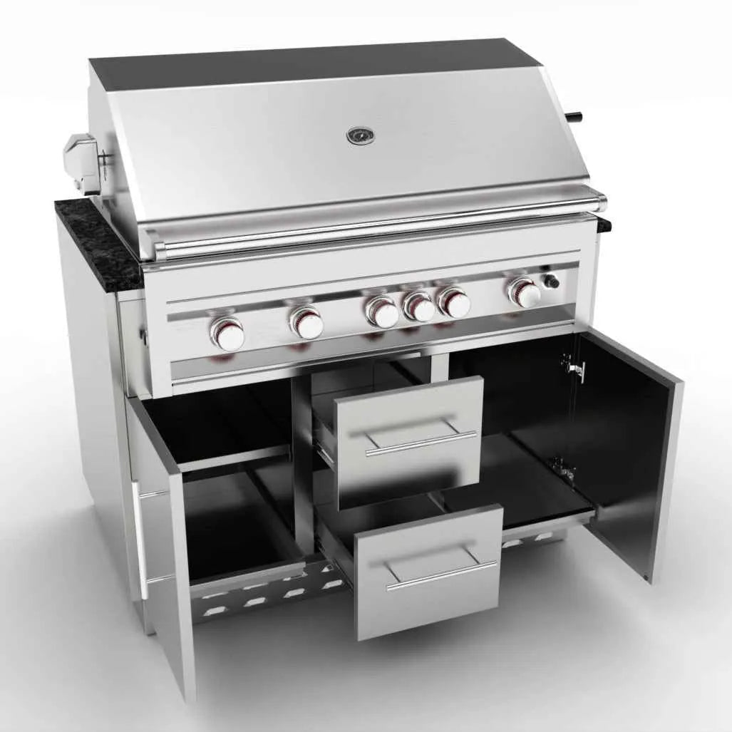 Sunstone cabinet for 5B gas grills with stainless steel grill, black granite countertop, and multiple storage drawers
