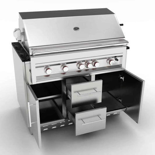 Sunstone cabinet for 5B gas grills with stainless steel grill, black granite countertop, and multiple storage drawers