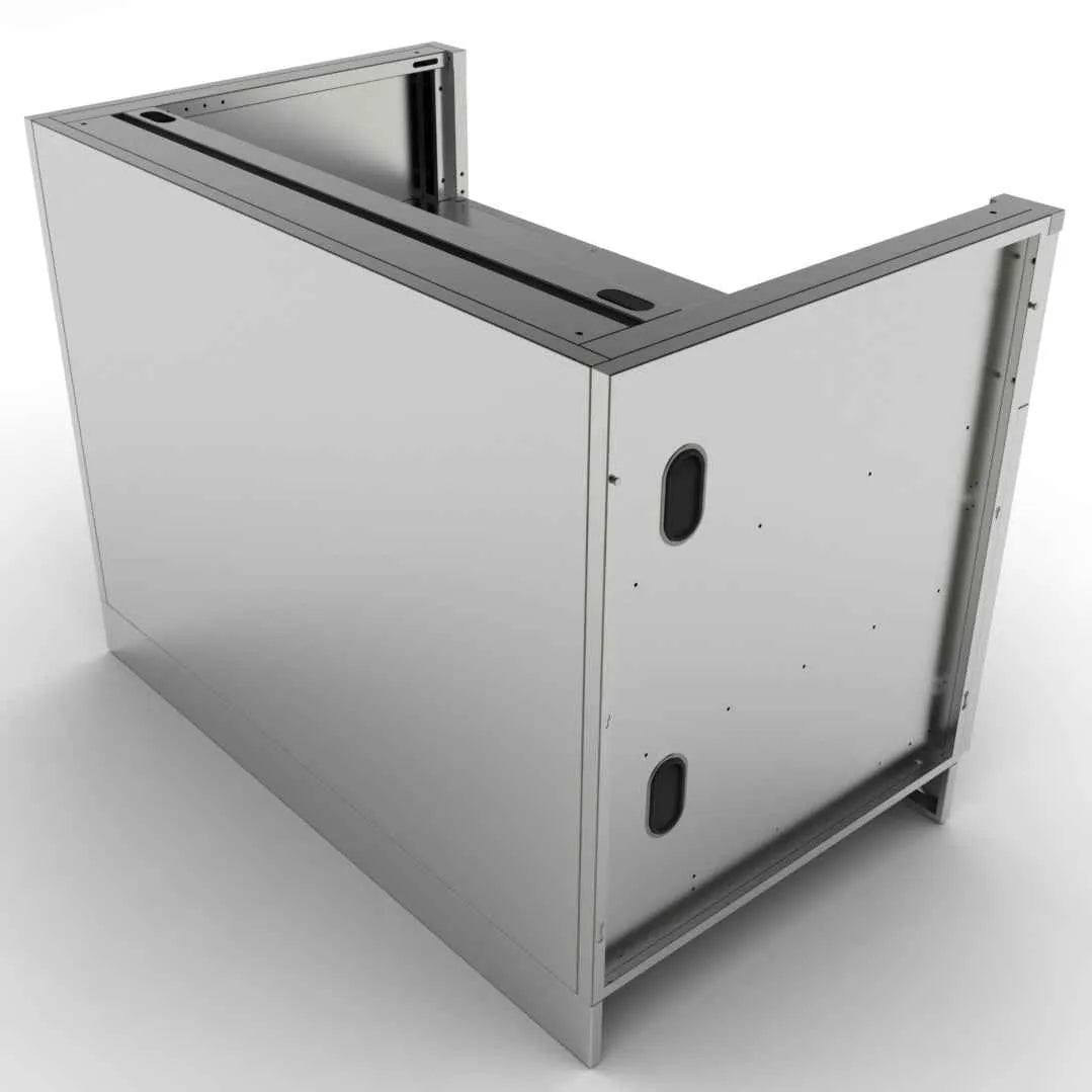 Stainless steel l-shaped sunstone cabinet for 5b gas grills with reflective surface and integrated appliance cutout