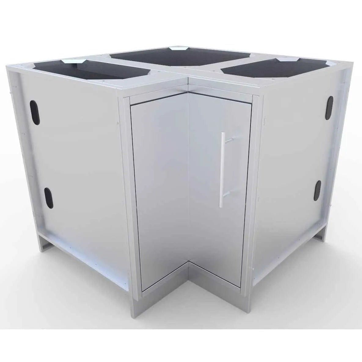 Sunstone cabinet for corners sbc12sls with silver stainless steel corner design and black countertop inserts