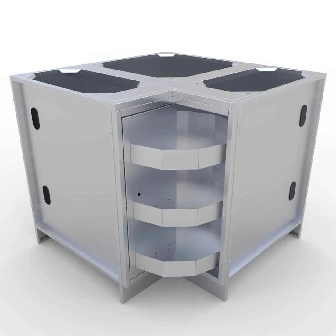 Silver metallic sunstone corner cabinet with three rotating shelves and black top panels for efficient storage