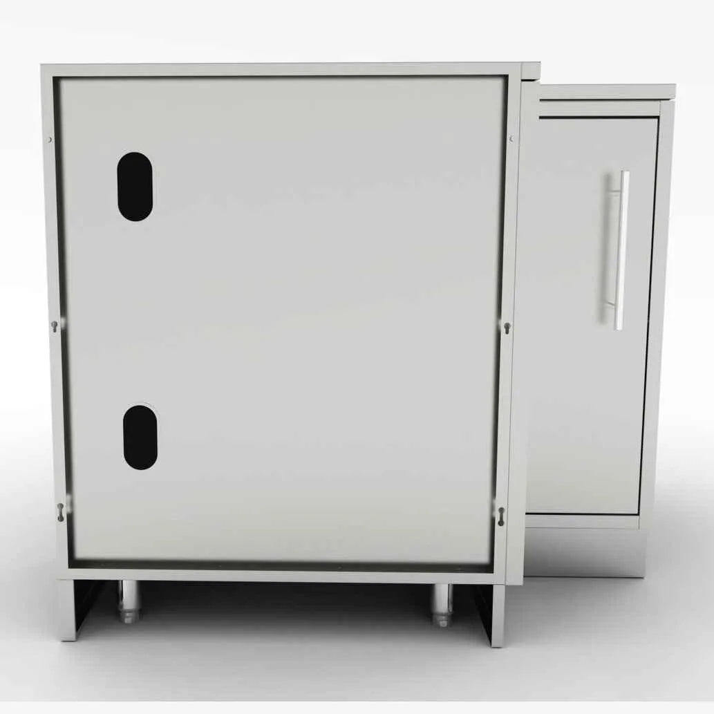 Sunstone cabinet for corners sbc12sls is a silver metallic industrial cabinet with vertical oval cutouts and a sleek side handle