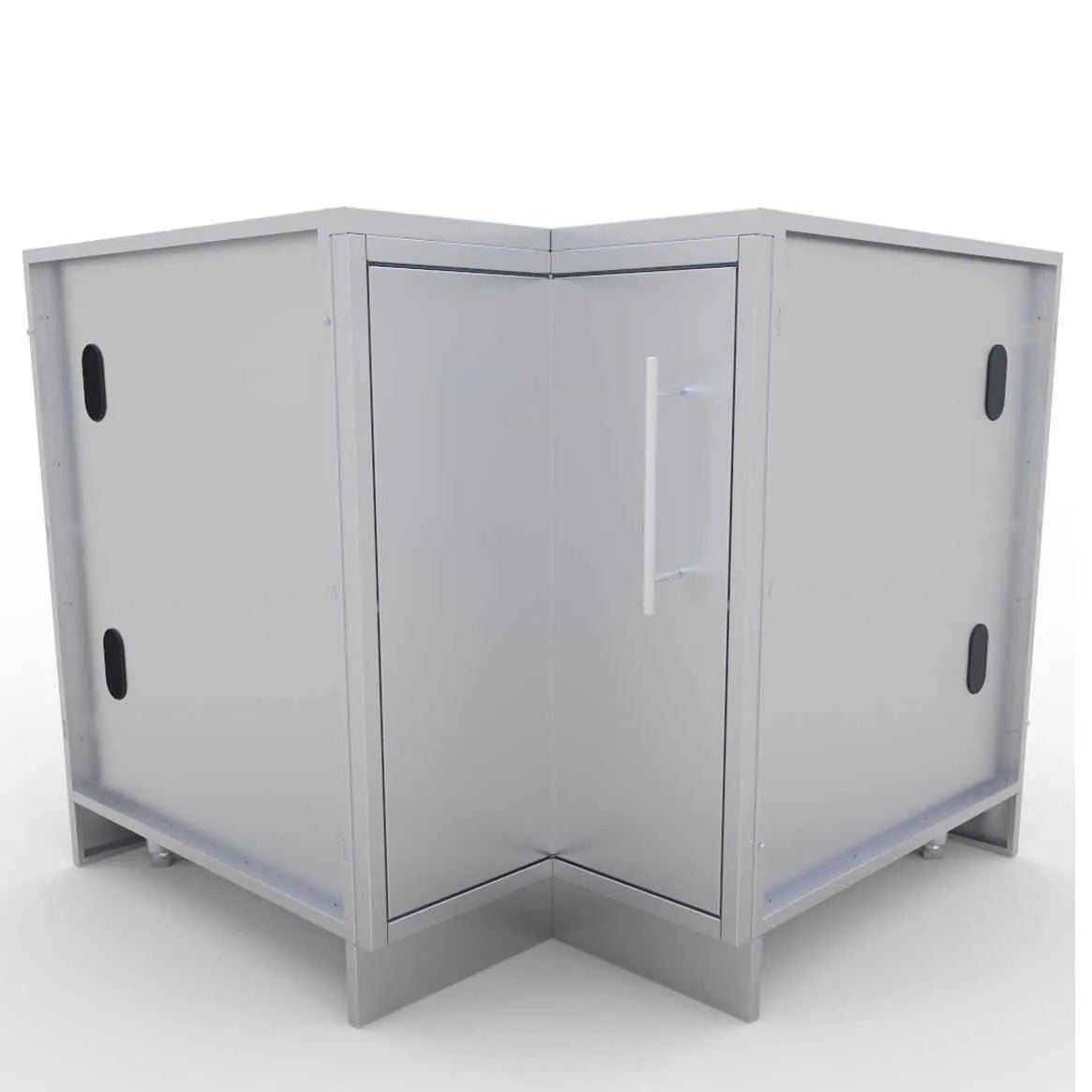 Gray metallic sunstone corner cabinet with central door white handle and black oval cutouts on side panels